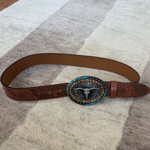 Brown Western Belt with Bullhead Buckle